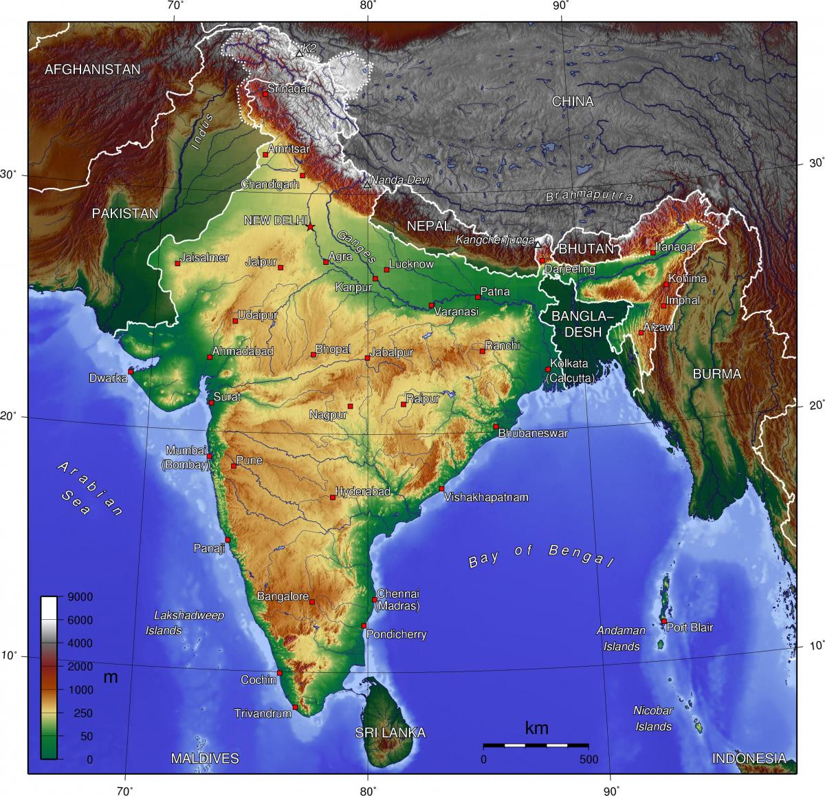 Mapa topográfico de la India